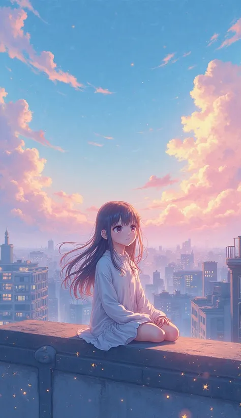 A dreamy anime girl sitting on a rooftop under a pastel pink and blue sky, soft clouds floating around her, glowing city lights in the distance, warm and nostalgic aesthetic