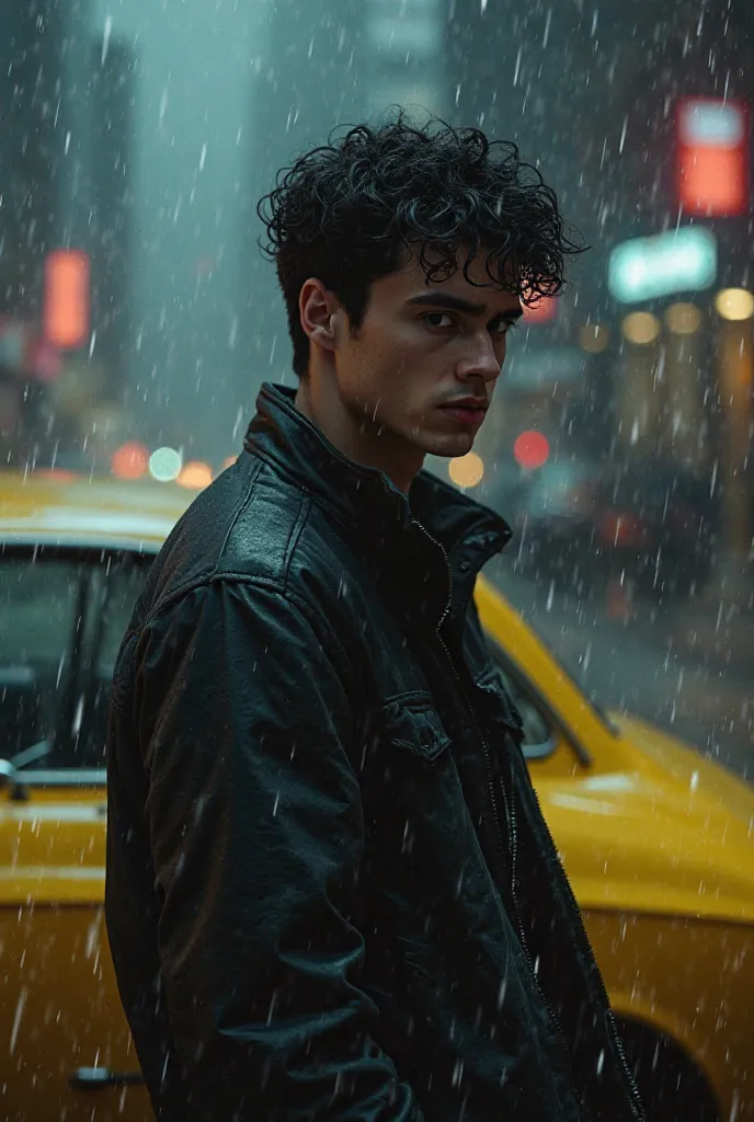 men 20 years old, on yellow car camaro, black hair black jacket, curling short hair, detailed portrait, photorealistic, shallow depth of field, dramatic lighting, cinematic composition, moody atmosphere, gritty urban setting, rain and mist effects, neon ci...