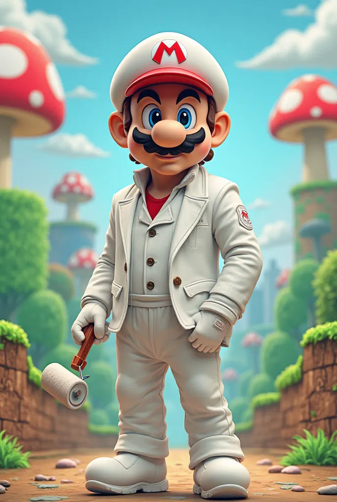 Create an image of Maluma in the style of super Mario dressed in white with an R on his hat and holding a painter's roller in his hand 