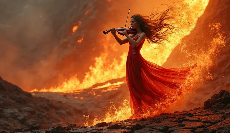 A violinist with a sculptural body wearing a tight red latex dress, standing on a volcanic crack, playing a violin sculpted in infernal stone. Her skin shines with sweat under the glow of lava, and every note she plays generates explosions of flames and bu...