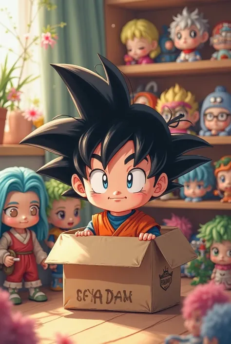 As a 2d anime image in which a boy Goku is in a box of action figures and pretends to be a toy doll in a toy on a shelf 