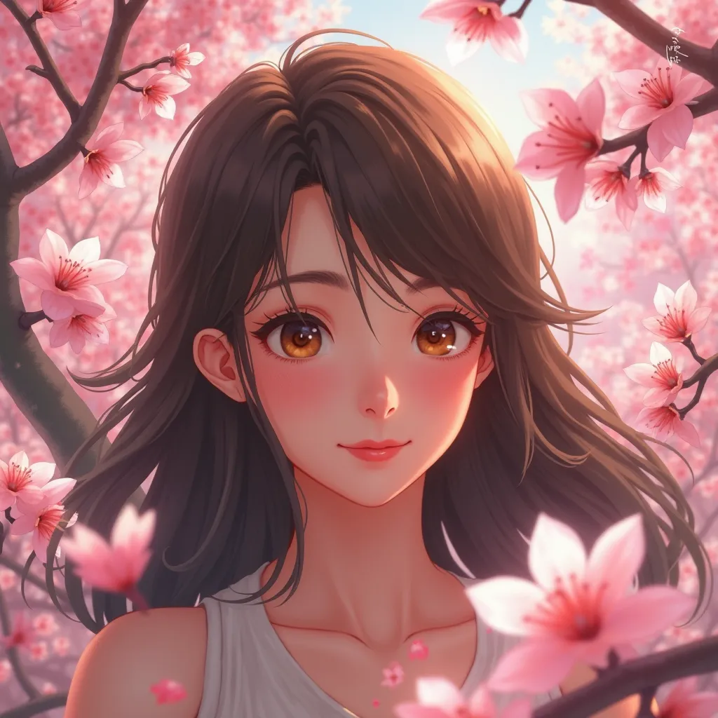 Genere une photo de profil d’une femme brune aux yeux marrons sous les fleurs de cerisiers dans un style animé