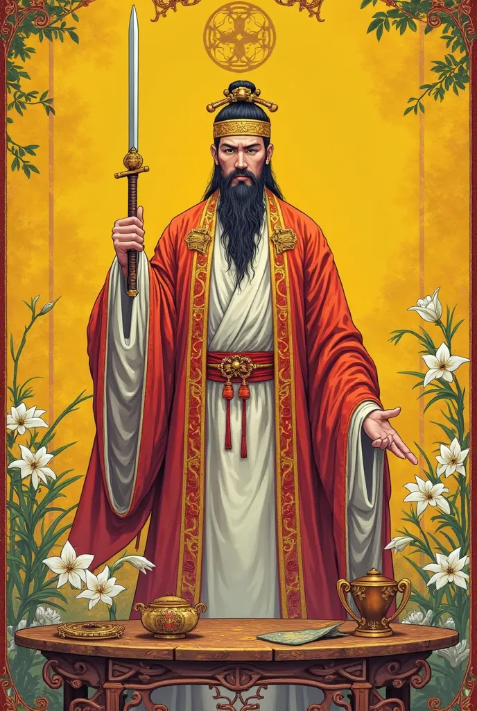 "The Magician" tarot card. Chinese Taoist priest in elaborate ceremonial robes charactor. Chinese Traditional Wuxia aesthetic martial arts epic style like  "The Legend of the Condor Heroes".
- Yellow bg: Bright and clear. - Double Tipped White Wand: The do...