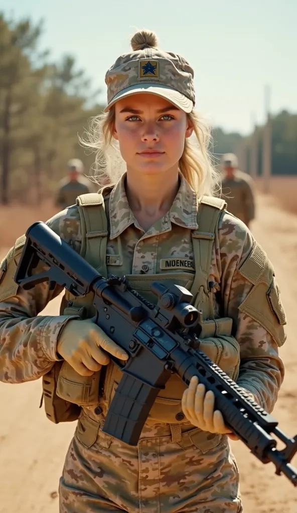 Ultra-realistic 8K cinematic video of a striking young female U.S. Army officer in OCP (Operational Camouflage Pattern) combat uniform, marching confidently across the dusty training grounds of Fort Bragg, North Carolina. She grips an M4 carbine rifle with...