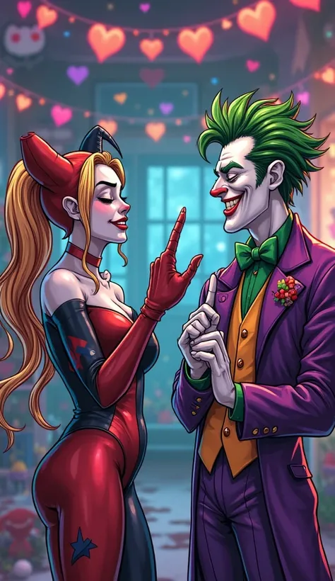 Harley Quinn pointing her finger at the Joker, making him promise to never look at Batman again. The Joker is laughing nervously, holding up his hands in surrender. The background is a colorful and chaotic hideout, with hearts and clown decorations. The ar...