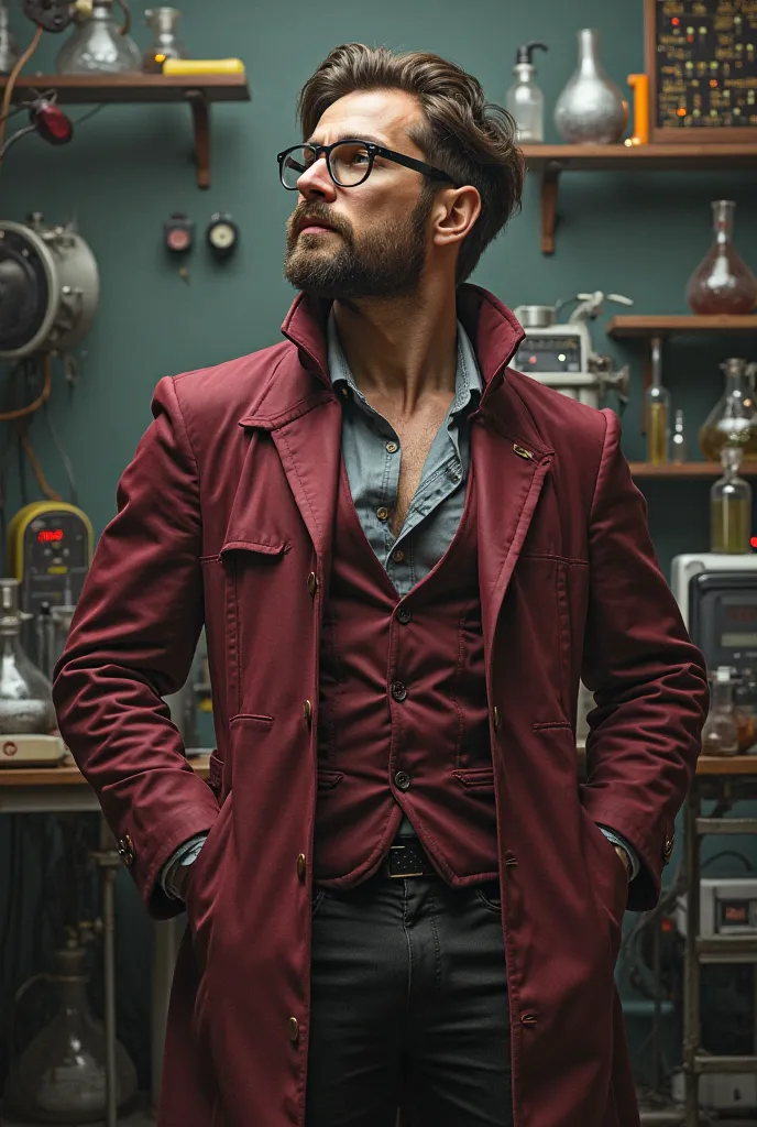 A burgundy man looking like the playfully apparent, muscles and clothing of a chemistry professional and a relaxed face 