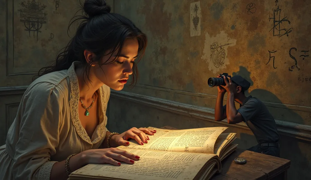 Woman reading old documents while man takes pictures of strange markings on the wall