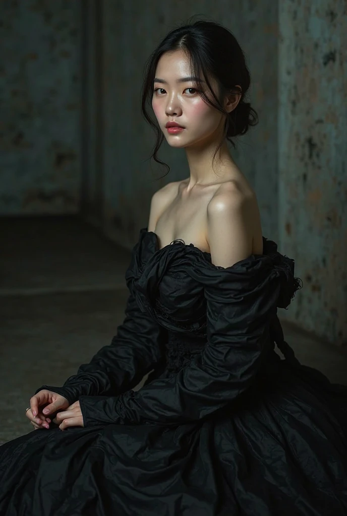 Create photos of a seated Korean woman wearing a glued black dress 