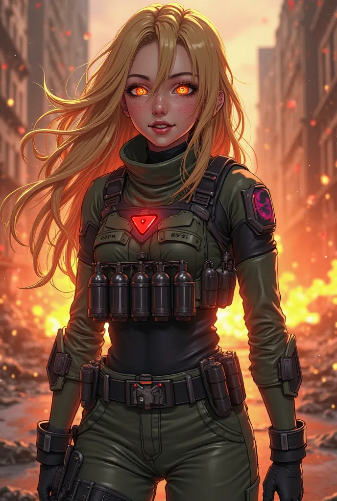  Anime style girl. Lots of details on face and hair,  explosions , military suit, futurist, black lights, faint red light , GRENADES ON THE CHEST, vest with grenades, Atomic explosion in the background, City in ruins, long blonde hair, laughed,  scar lense...