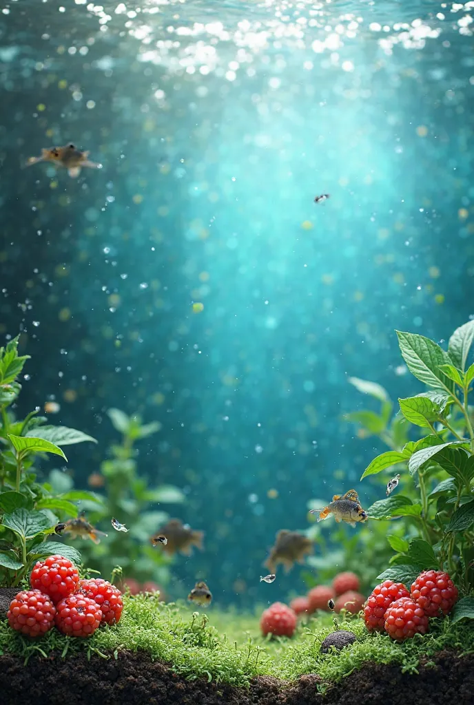 Create a background for the wildberries page that will contain information about the food bank of TetraPro, a major aquarium manufacturer, with a pleasant water background, a small number of small fish and space for storing information