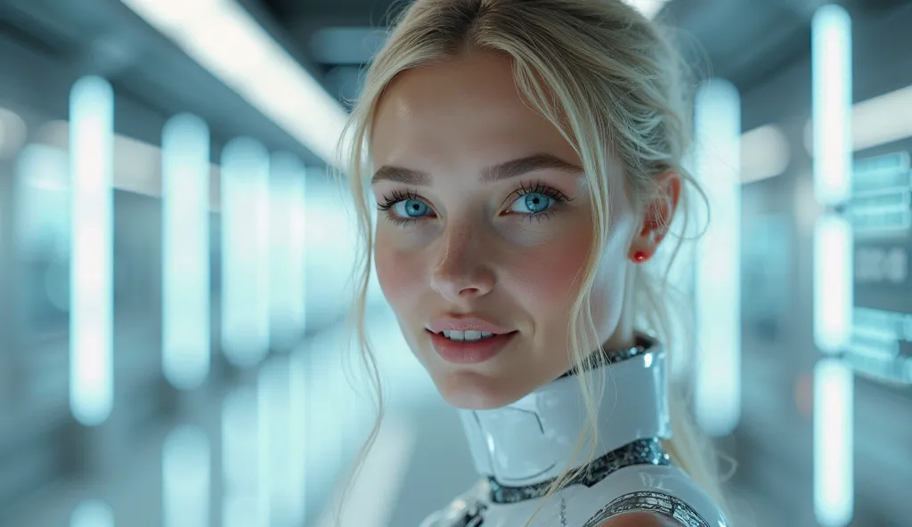 A beautiful blond young woman smiling, Futuristic 4K image