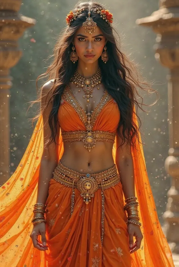 Indian women in orange mythological dress full navel and midriff visible 