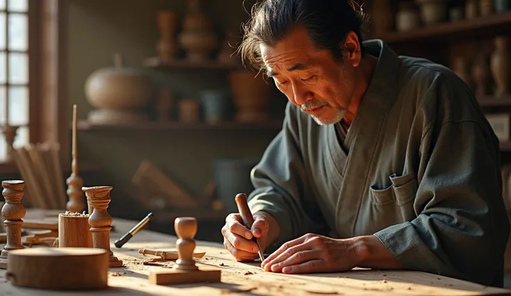 A concentrated Japanese craftsman carving wood, symbolizing dedication and mastery—also applicable to personal finance.