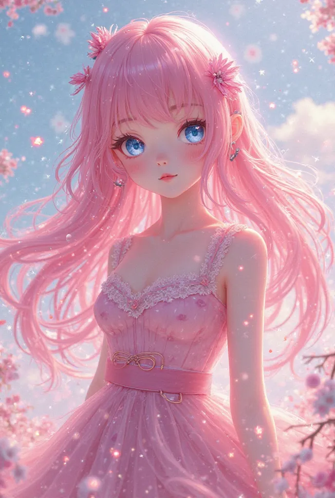 An anime girl with pink skin literally pink skin, pink hair,pink clothes and blue eyes 