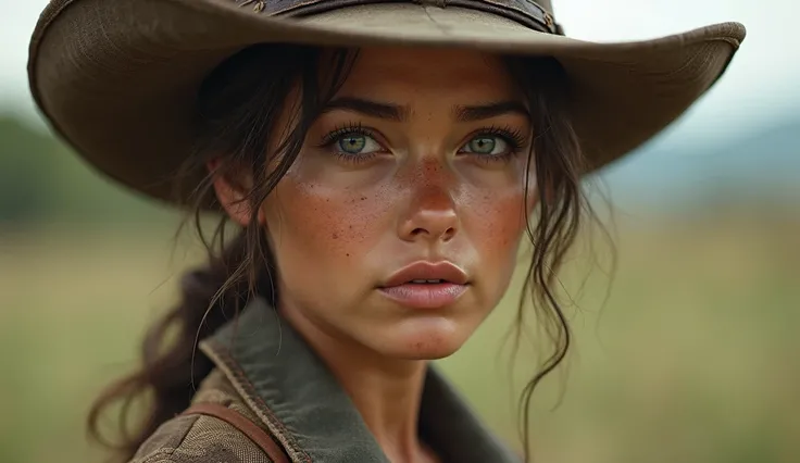 (photorealism:1.2), "A Girl wearing a wide-brimmed cowboy hat, with a rugged, weathered expression, standing outdoors in a natural setting. His face shows strength and experience, with a serious gaze. The background features a blurred green landscape, with...