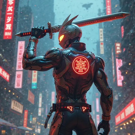 Ultraman wears a cyber punk style jacket with the KOF logo.. was wielding a samurai sword