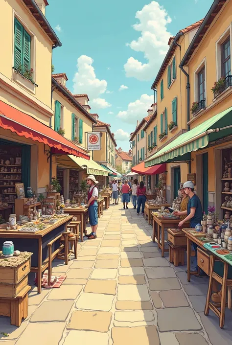 a craft market with a paint stand, a stand for an upholsterer, a stand for a cabinetmaker, un stand pour un forgeron, un stand pour une bijoutière, A pottery stand draw with festive colors. The artisan market is held in France. There are men and women repr...