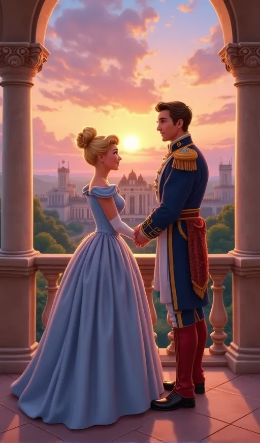 Cinderella and the Prince are standing together on the palace balcony, overlooking the kingdom at sunset. The sky is painted with warm colors, and they are smiling, hand in hand, with a sense of peace and happiness. The palace behind them is grand, with lu...