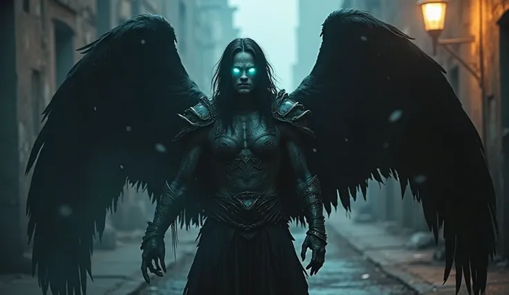 An angel standing in an ominous, dimly lit alley, with a dark and gritty atmosphere around it. The angel’s wings are large, black, and made of dark feathers, giving a menacing and otherworldly vibe, with a slight tattered look, as if they've been through b...