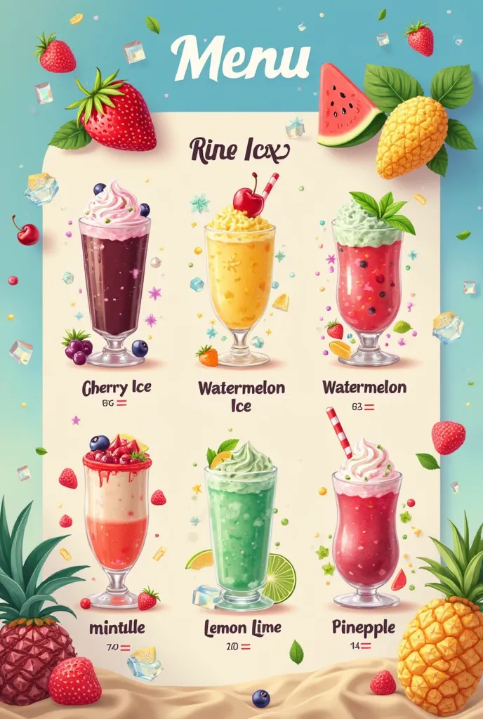 зроби прайс лист 🍒🧊 Cherry Ice
🍉🧊 Watermelon Ice
🍋🍋‍🟩 Lemon Lime 
🌿 Mint 
🍍 Pineapple з оцим текстом