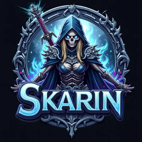 Esports-style logo featuring 'Skarin' (exact spelling). A fierce, skeletal divine female warrior with wolf-like features, inspired by Skadi, the Norse huntress. Blending samurai and Turkic warrior aesthetics, she has glowing blue eyes, long blonde hair par...