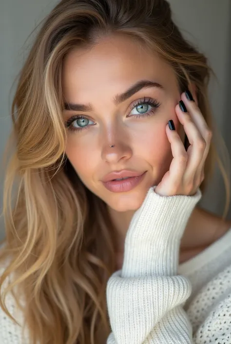 Portrait of a young woman with long, honey-blonde, slightly wavy hair, striking blue eyes, and fair, smooth skin. She has a captivating gaze and a delicate smile, with long, well-defined eyelashes. Her nose features a small, discreet piercing. Her nails ar...