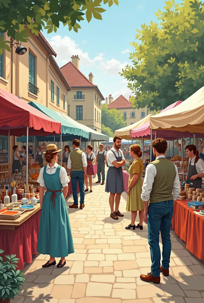 a craft market with a paint stand, a stand for an upholsterer, a stand for a cabinetmaker, un stand pour un forgeron, un stand pour une bijoutière, A pottery stand draw with festive colors. The artisan market is held in France. There are men and women repr...