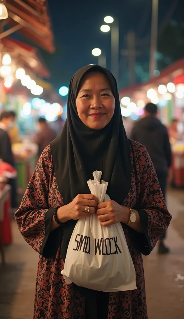 Make a realistic photo of a 40 year old Malaysian lady wearing baju kurung and hijab holding a small thin white plastic bag with black text on it that says "SMOKROCK". She looks very happy. Malaysian night market in the background, busy market.