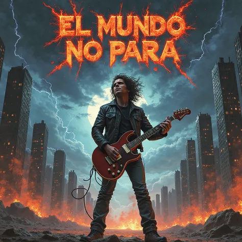 A heavy metal album cover with the title in spanish "El Mundo No Para". The image shows a world in chaos: a futuristic city with leaning skyscrapers, thunderstorms and fire erupting from the streets. In the centre, a lone figure in a leather jacket and win...