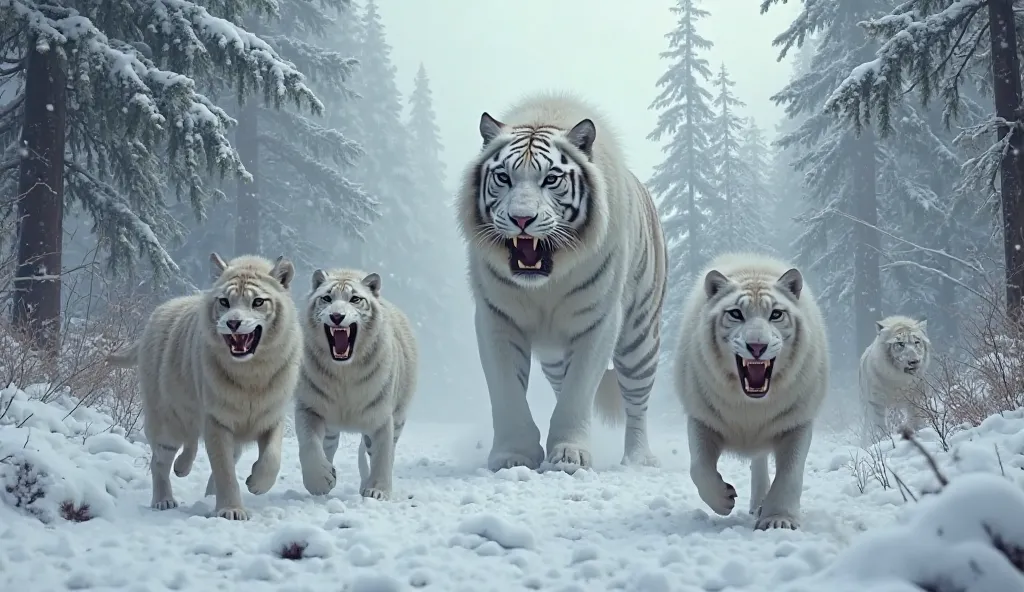 A group of wolf and one white giant tiger fighting in jungle in snow