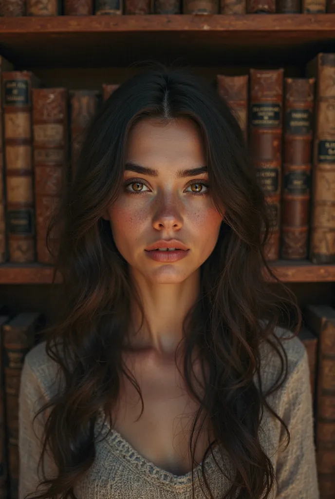 A 20-year-old girl looking straight ahead, with a bookshelf behind her, dusk lighting, and a background of books.