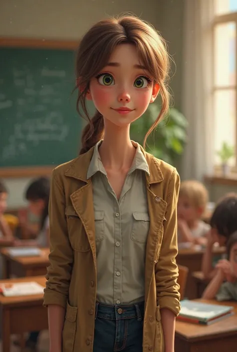 Young teacher tall thin white with light brown hair with green eyes 