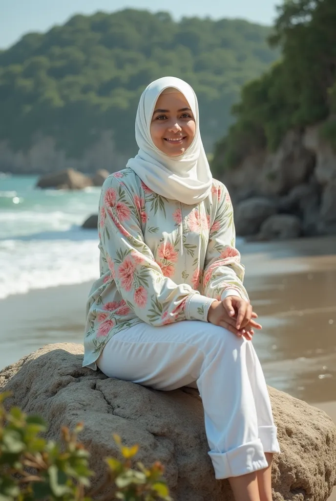 cute girl wearing a white hijab, 27 years old, body soft fat, wearing simple green pastel colors motif flower shirt, and jeans white,sitting on a large rock near the beautiful beach, very good picture looks real.