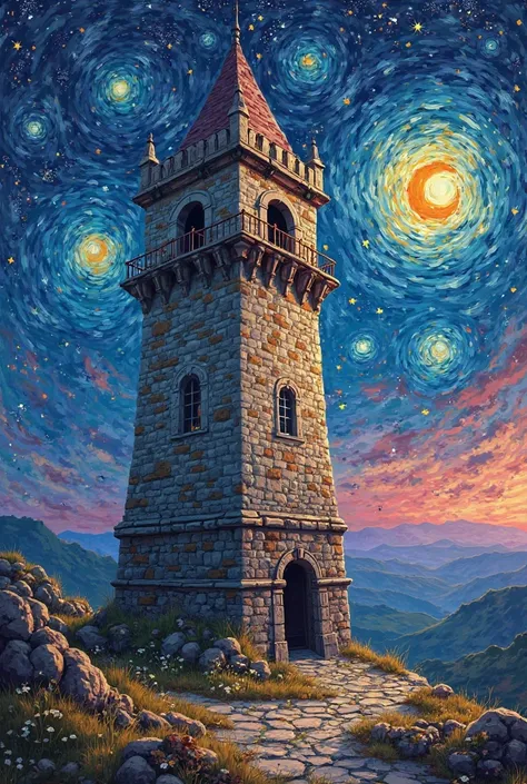 Let the landscape colors of a historic tower standing in front of a van gogh starry night painting be an absurd color 