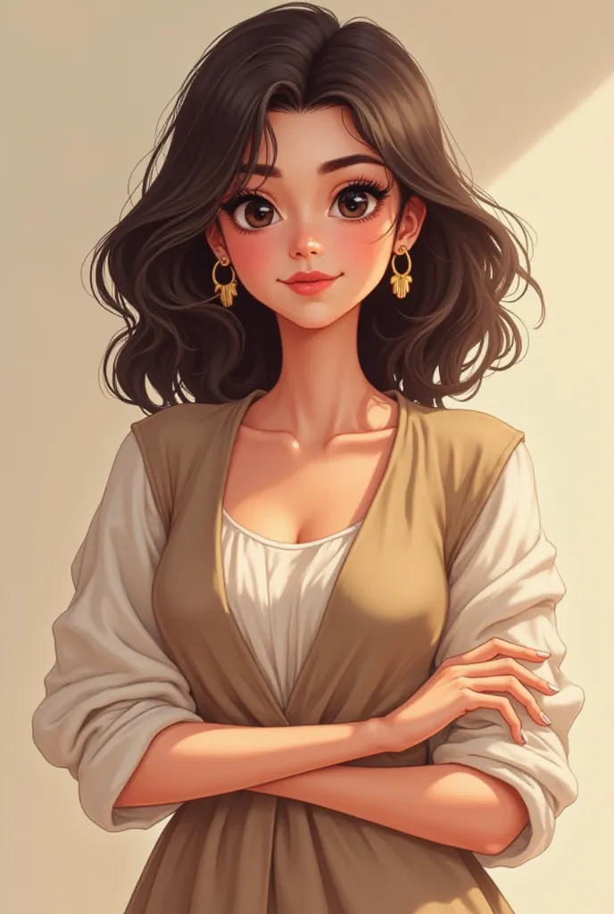 Chat make a pretty cartoon woman with dark brown hair with very few lights at the ends up a little below her chest, fair skin, black eyes, pretty gold earring, a loose blouse and a matching yoke with your hands around your waist