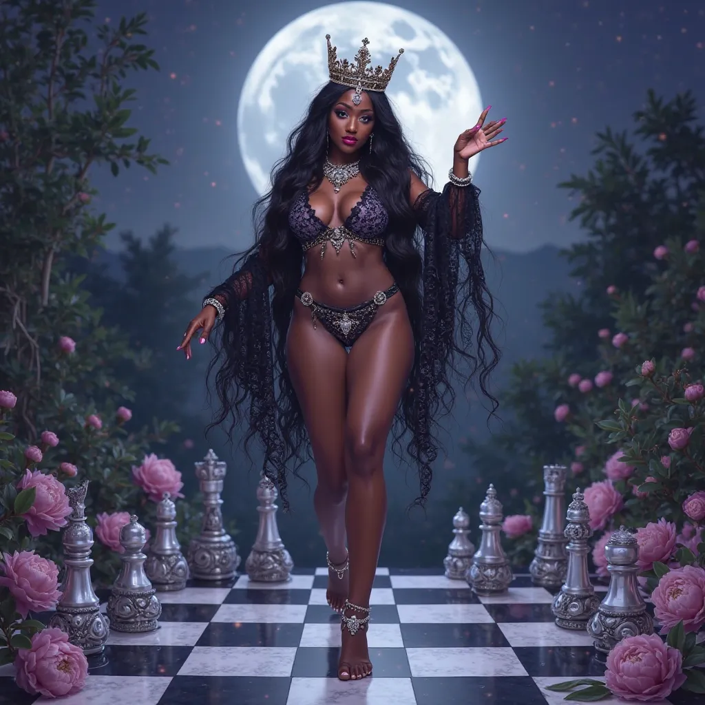  brownskin/darkskin girl with very long wavy black hair dancing on a chess board under the full moon, lavender unique sexy 2 piece, diamond jewelry, crown, barefoot, glowing skin , peonies, big breast, curvy thick hips, face diamonds, blush, big red lips, ...