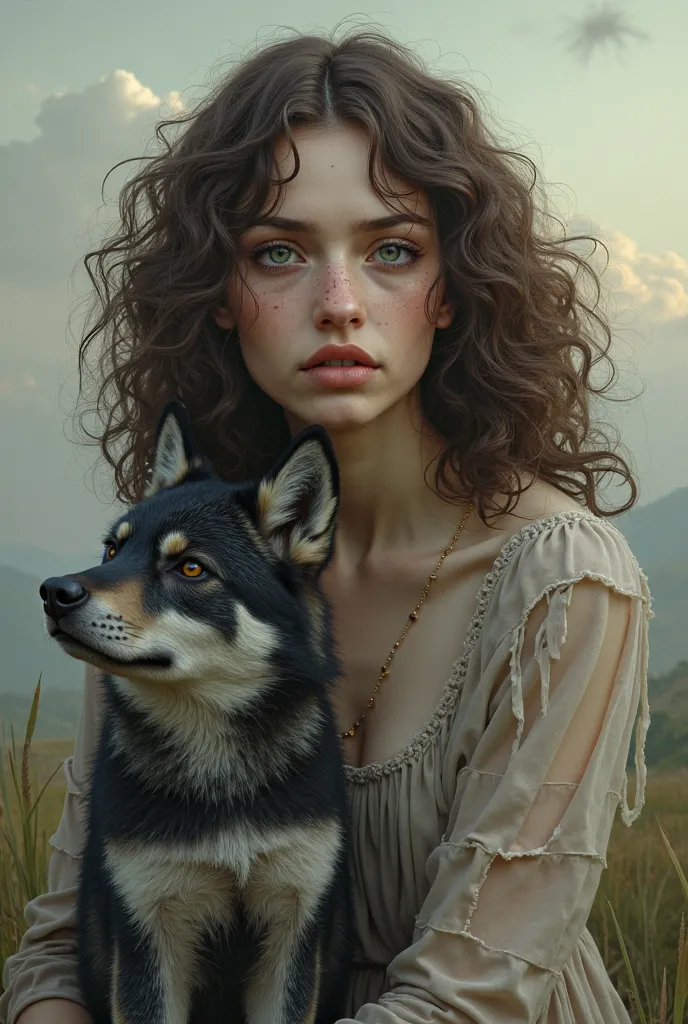 Create an image of a woman with curly brown hair, her nose is a potato and has a black and gray wolf on her side