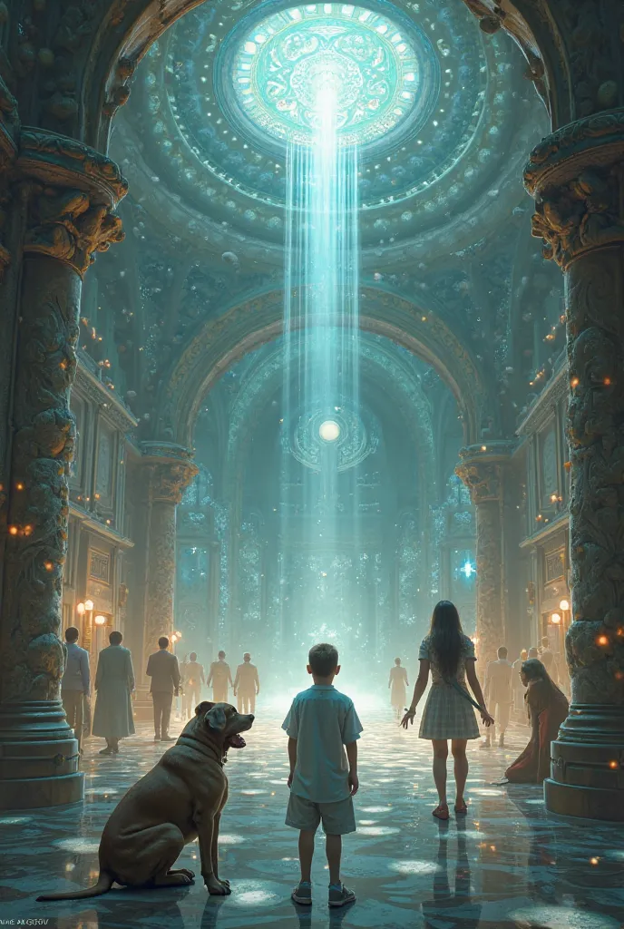 Create a hyper-realistic, high-definition image with a fantasy, magical, and dreamlike world style, similar to Harry Potter. The scene takes place in a gigantic hall resembling paradise, surrounded by mirrors or crystals that reflect the ethereal glow of t...