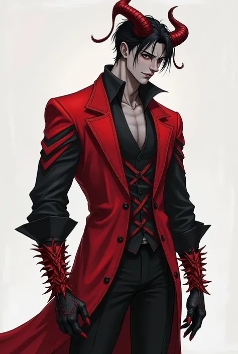 A tall and handsome headless sexy boy with black and red hair and in a red suit with black sleeves and black pants with spiked bracelets on his legs that the peaks are red with horns folded back dark red and a dark red crown