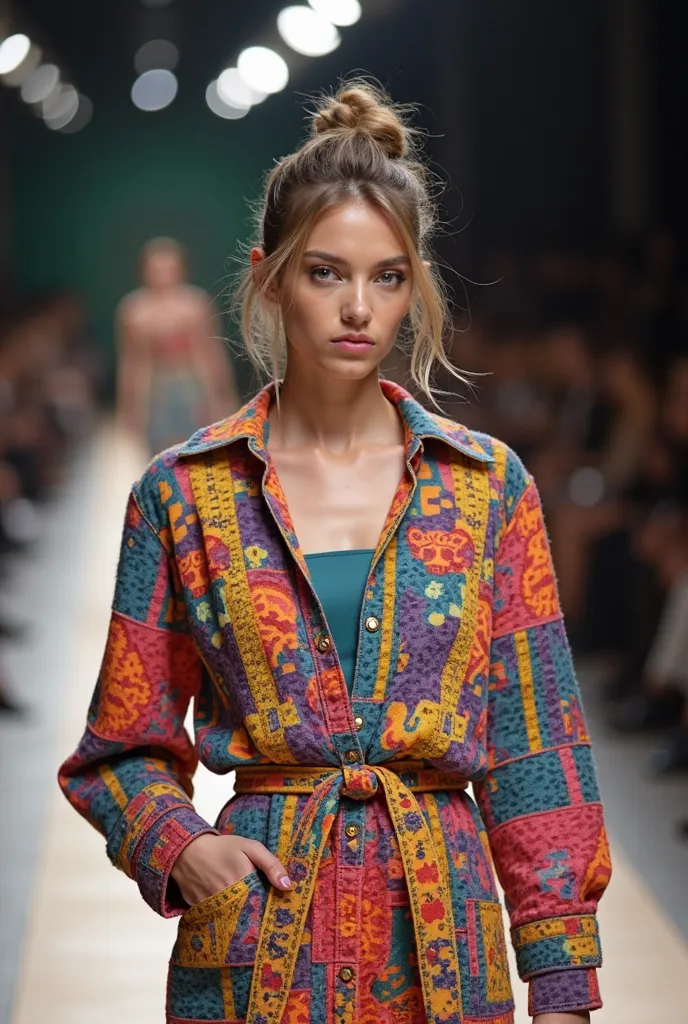 Realistic photo of woman with a shirt stylish hairstyle, with minimalistic makeup on her face, who is walking on a fashion week runway, wearing colorful clothes in style of Balenciaga high fashion. The clothes should have high quality textured as a real fa...