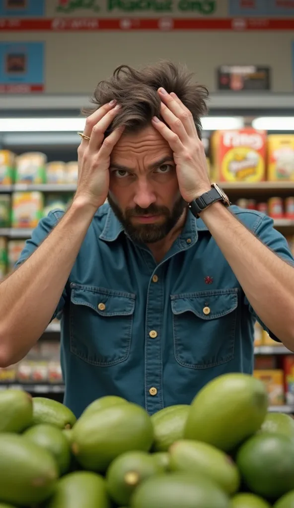 American man with his hands on his head, Scared, is in a convenience store buying avocados 