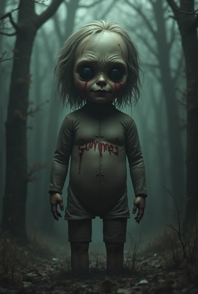 Give me a super Dark image that has a doll from Among Us and in the center say SUMMER