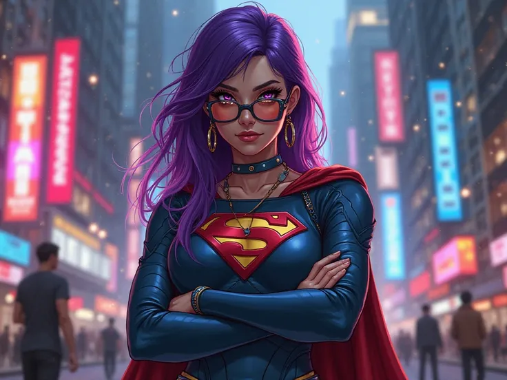 Superman daughter as a spoiled, woke and ager, with purple hair and glasses.