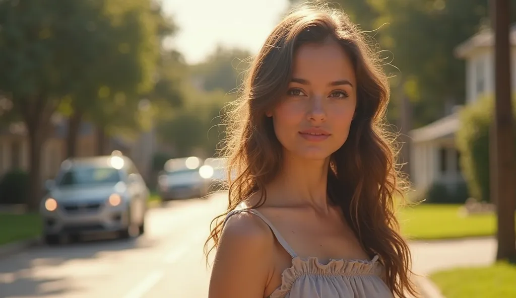 "Olivia Bennett, a young woman in her late 20s with long wavy hair, soft features, and a kind but weary expression. She wears a simple summer dress and stands on a sunny suburban street, sunlight illuminating her face. The background is blurred with trees ...