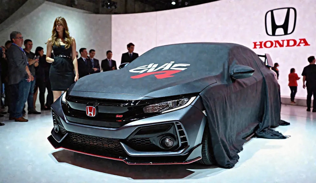 A sleek, modern Honda civic type R partially covered with a black metallic color cloth displaying a prominent Honda civic type R logo, being unveiled by (Ten) people. The car is a black metallic color with a streamlined design, positioned in an indoor show...