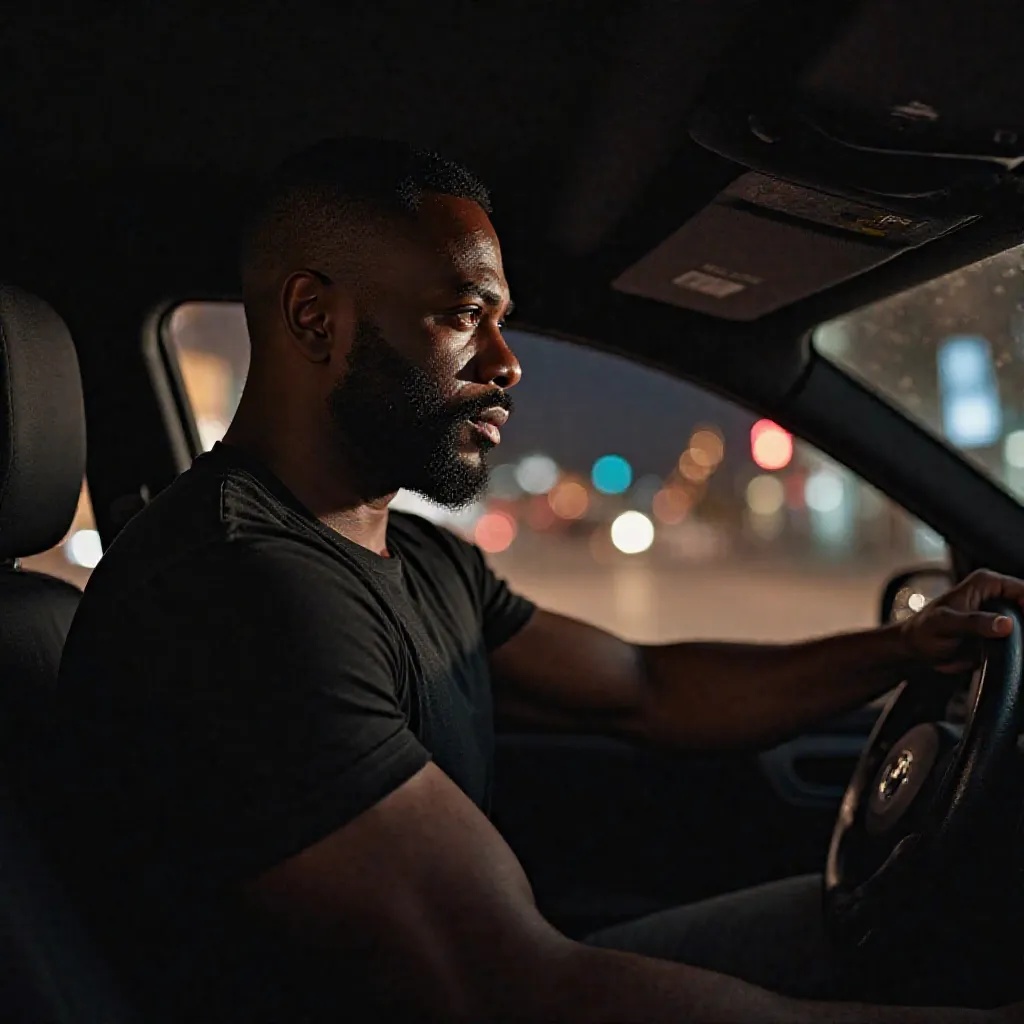 A tall, muscular Black man with a well-defined body, broad shoulders, and strong arms is sitting in the driver's seat of a taxi. His dark skin glows under the dim streetlights. He has short, neatly trimmed hair and sharp facial features with a strong jawli...