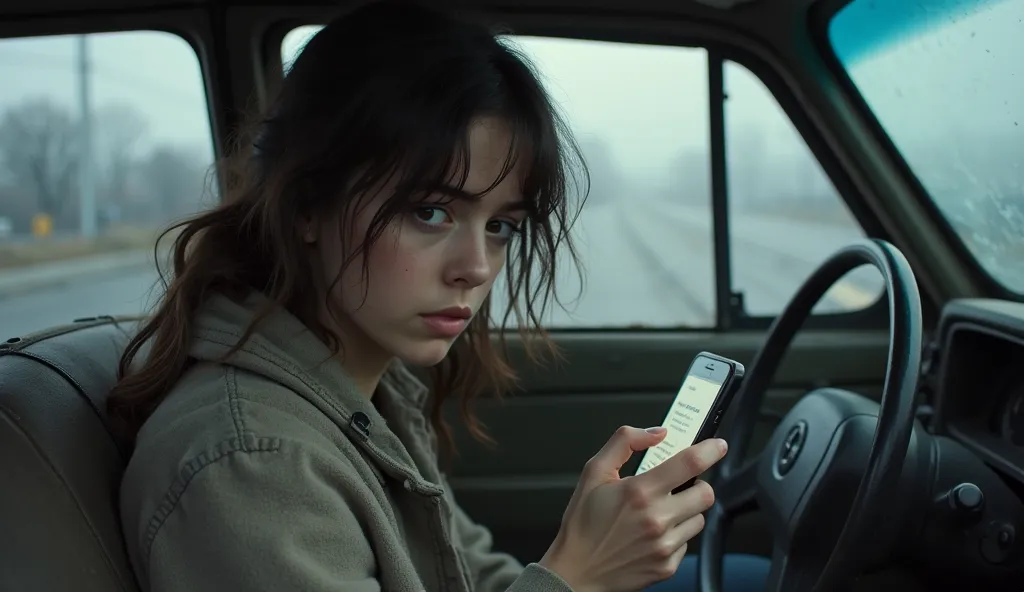 A young woman with dark brown hair and brown eyes who doesn't look at the camera, with a thin face and worried expression, sitting in a dilapidated car, looking at her phone with an employment notice on the screen. The scene has a cold and melancholic tone...