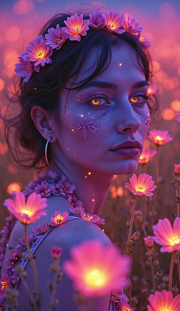 A mystical figure with violet skin and bright eyes merges with a field of hallucinogenic flowers that glow in neon. The petals intertwine with your skin, forming a perfect fusion between being and nature, while the background shines in psychedelic purple a...