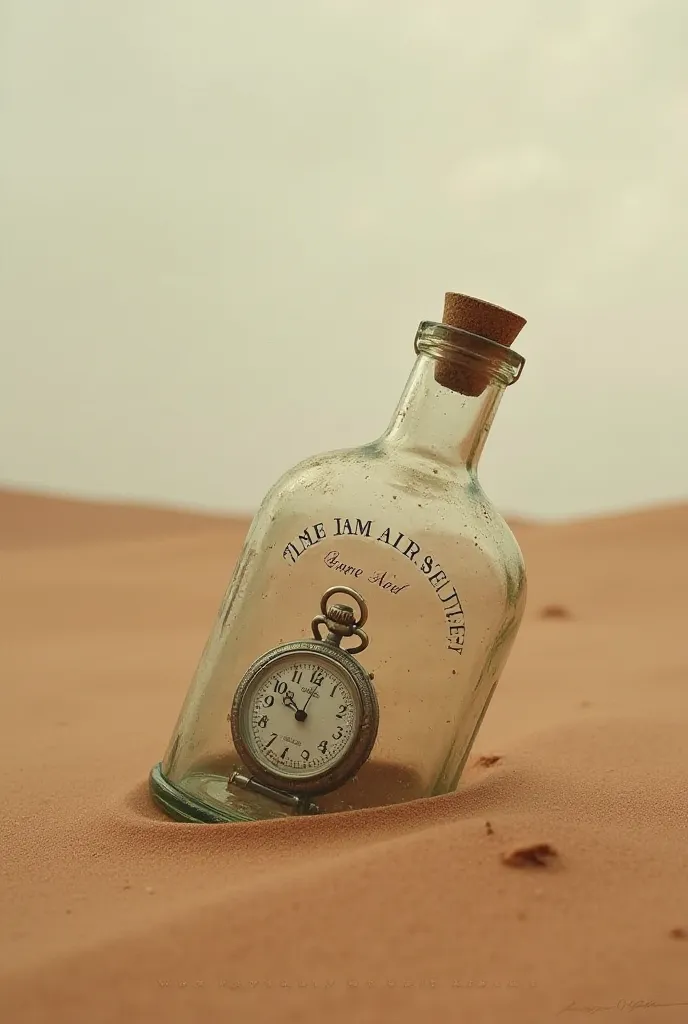 Surreal composition of a watch inside an old glass bottle lying half way down on a desert and containing the phrase time in a bottle