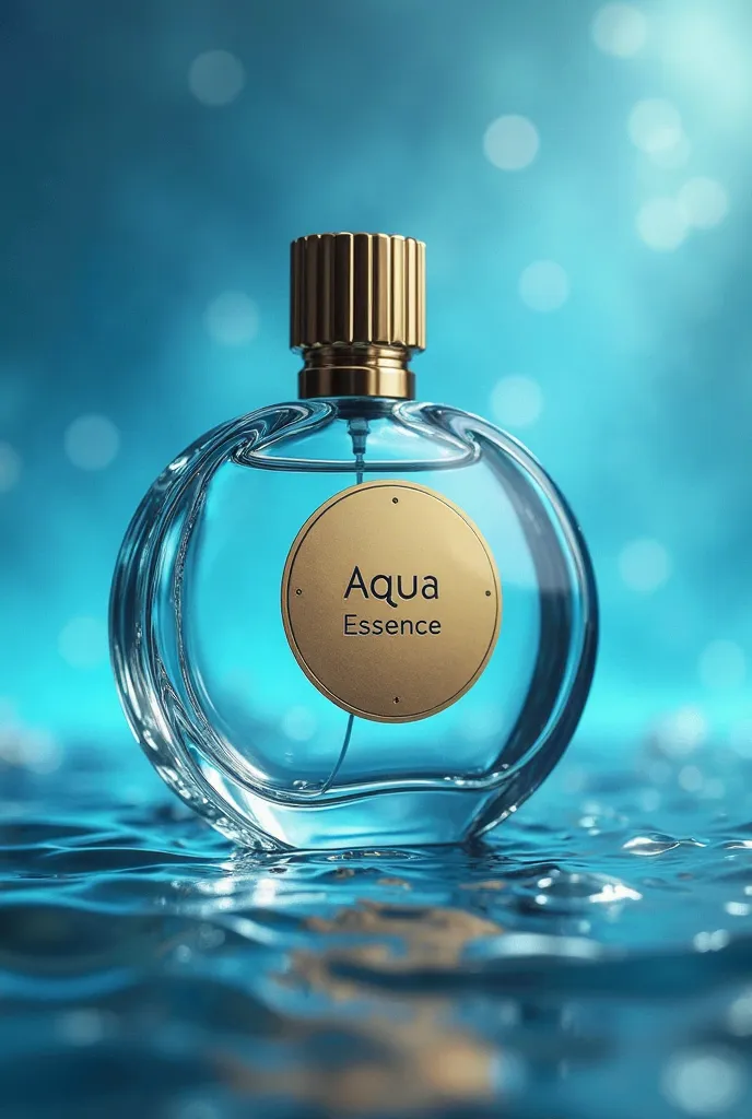 A (perfume) “Aqua Essence” Unisex and marine-themed that says “Aqua Essence” on a gold label and that the bottle is round diamond